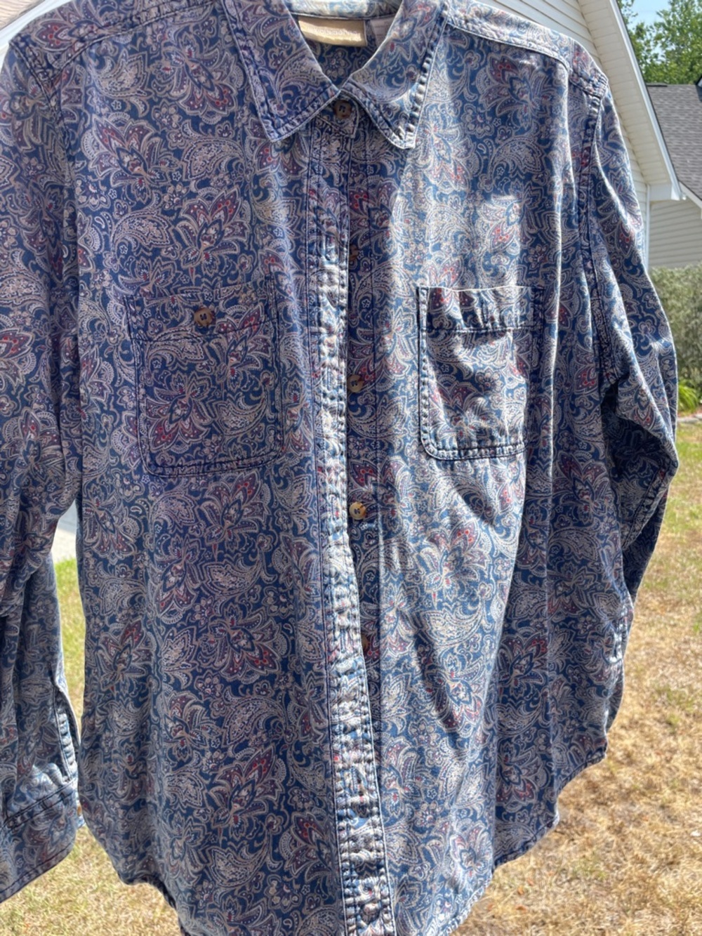 Liz Claiborne Blue Paisley Button-Down Shirt with Red Accents